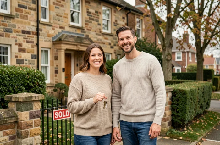Couple tenant les clés de leur nouvelle maison devant la façade en pierre, symbolisant la réussite d'un projet immobilier