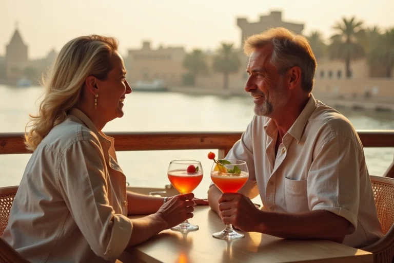 Couple savourant des cocktails au bar extérieur d'un bateau de croisière sur le Nil avec vue sur les temples égyptiens