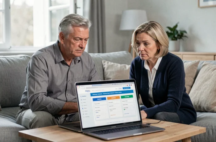 Couple de seniors comparant des offres de mutuelle santé sur un ordinateur portable dans leur salon