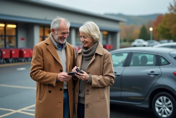 Couple de conducteurs occasionnels vérifiant leur contrat MAIF petit rouleur sur smartphone devant leur voiture