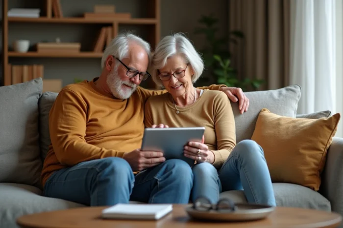 Couple de 55 ans consultant ensemble un simulateur PER sur une tablette dans leur salon pour planifier leur retraite