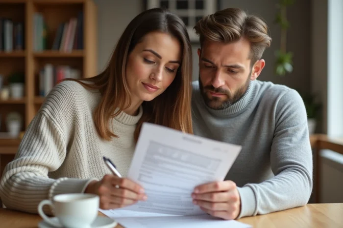 Couple examinant des documents de crédit immobilier à leur table de salle à manger