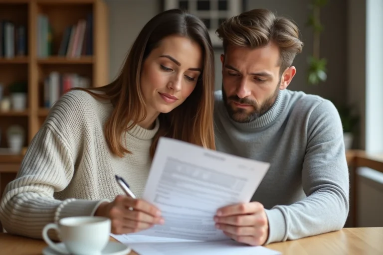 Couple examinant des documents de crédit immobilier à leur table de salle à manger