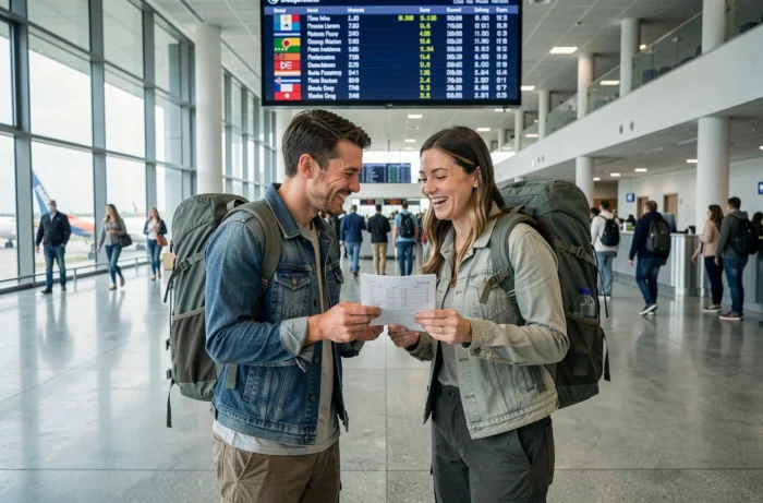 Couple de jeunes mariés à l'aéroport consultant leur itinéraire de lune de miel devant un tableau des départs