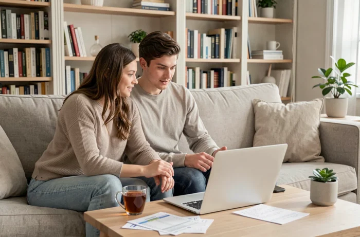 Couple qui planifie son budget mensuel ensemble sur un ordinateur portable dans un salon confortable à la maison