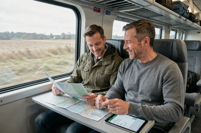 Couple planifiant leur itinéraire de voyage dans un train avec une carte papier et une tablette numérique