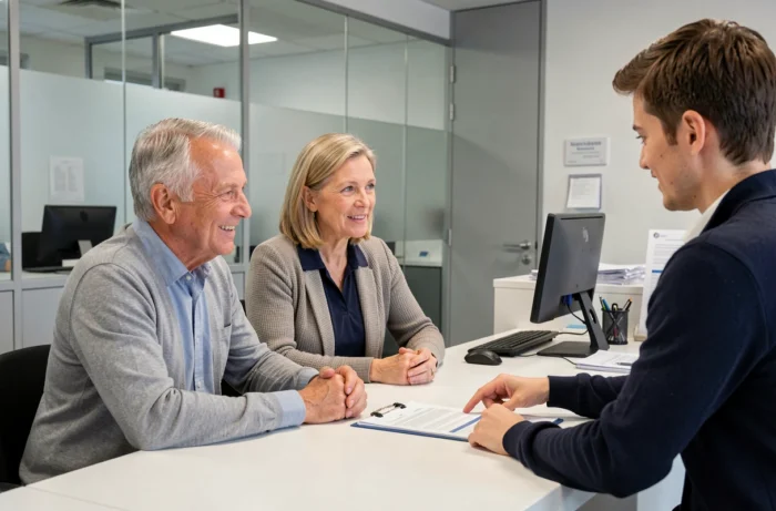 Couple de retraités accompagné par un conseiller pour finaliser leur inscription CCUES SG