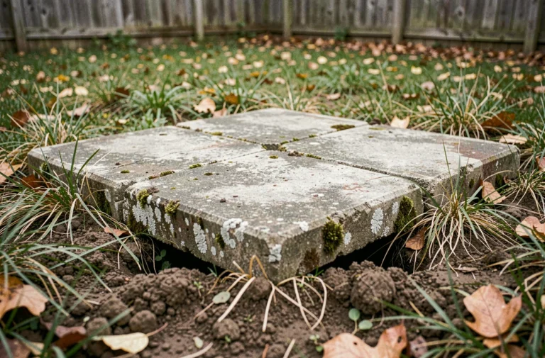 Couvercle d'une ancienne fosse septique en béton partiellement découvert dans un jardin rural, montrant des fissures et des dépôts minéraux sur la surface usée