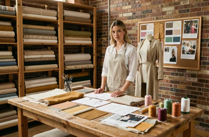 Créatrice de mode dans son atelier entouré de croquis, tissus et patrons pour créer sa propre collection de vêtements