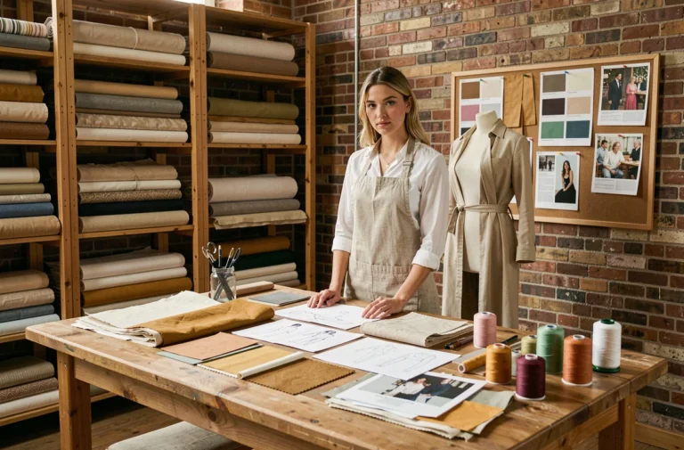 Créatrice de mode dans son atelier entouré de croquis, tissus et patrons pour créer sa propre collection de vêtements