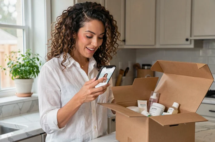 Femme déballant une commande de produits de beauté livrés à domicile tout en consultant son smartphone