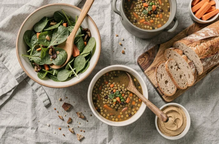 Vue de dessus d'un déjeuner équilibré et varié avec salade, soupe de lentilles et crudités sur nappe en lin