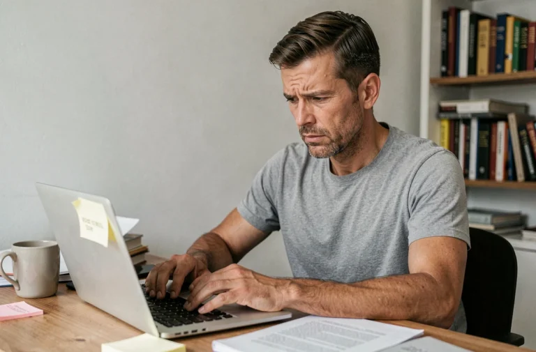 Homme troubleshooting un logiciel défaillant sur son ordinateur portable dans un bureau à domicile