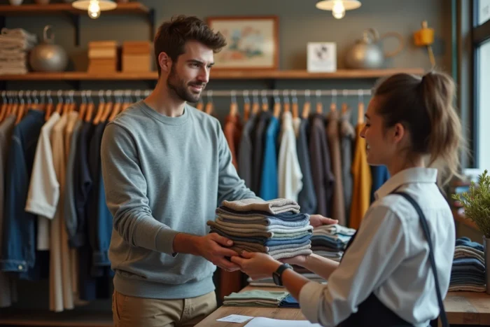 Jeune homme déposant des vêtements au comptoir d'une boutique de rachat de seconde main