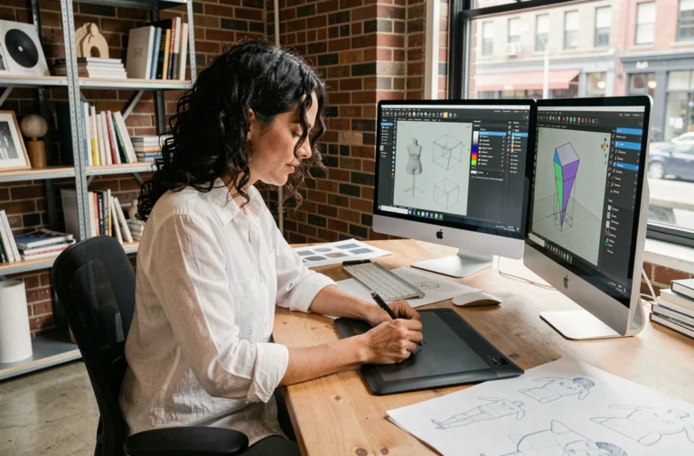 Designer graphique travaillant sur tablette numérique entourée de logiciels de design dans un studio créatif