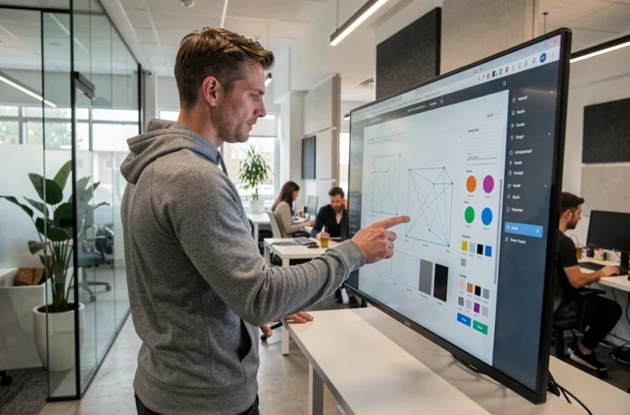 Développeur interagissant avec un écran tactile affichant des prototypes d'interface utilisateur dans un bureau technologique moderne
