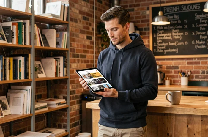 Développeur web tenant une tablette affichant un design responsive dans un espace de coworking créatif