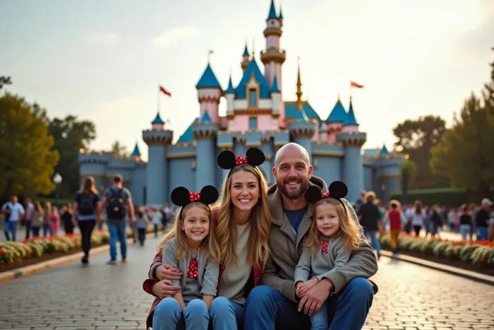 Famille souriante devant le château de la Belle au Bois Dormant à Disneyland Paris avec ses tourelles bleues emblématiques