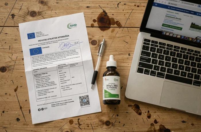 Documents officiels portugais d'autorisation d'achat de glyphosate 360 posés sur un bureau avec une bouteille d'herbicide