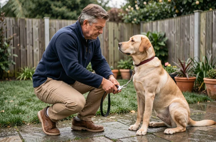 Dog sitter professionnel attachant la laisse d'un labrador dans un jardin résidentiel avant une promenade