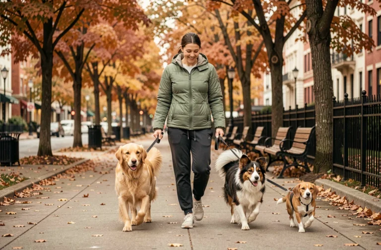 Dog sitter promenant trois chiens de races différentes en ville à l'automne, illustrant le service de promenade professionnelle