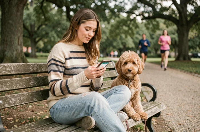 Dog sitter consultant son téléphone pour organiser ses promenades de chiens dans un parc urbain calme