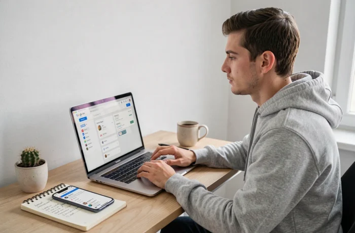 Jeune entrepreneur travaillant seul sur une stratégie de marketing digital depuis son bureau à domicile