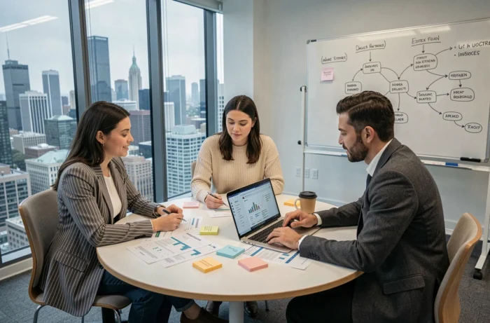 Équipe de professionnels collaborant sur des tendances web et UX autour d'une table dans une salle de réunion moderne