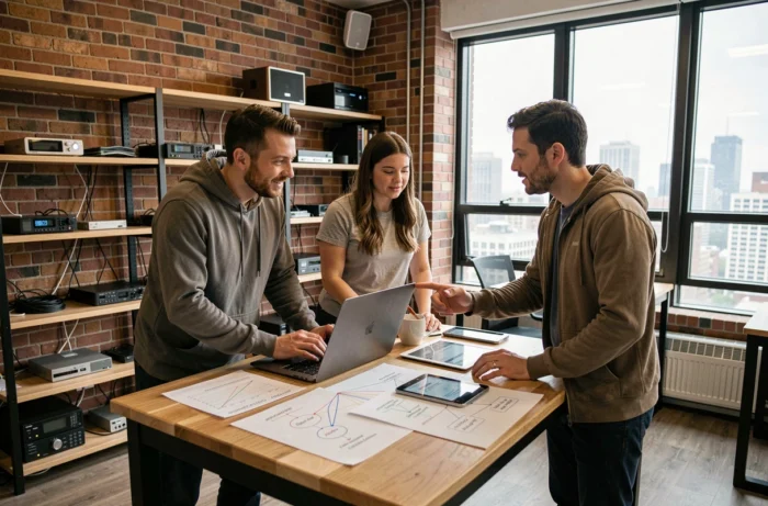 Équipe de professionnels IT Geekosys collaborant autour d'un bureau debout dans un espace coworking