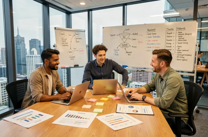 Équipe de professionnels du marketing digital collaborant autour d'une table dans un espace de coworking moderne