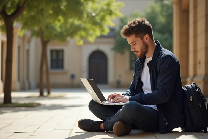 Étudiant gérant ses emails via Roundcube sur un ordinateur portable en plein air dans une cour de campus universitaire à Marseille