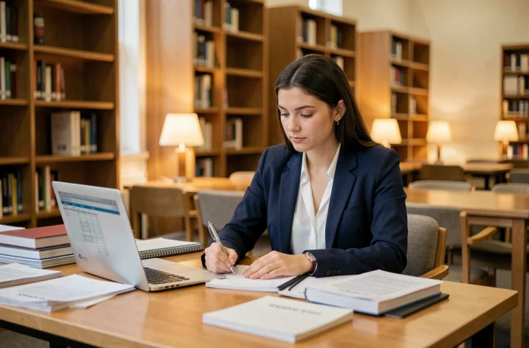 Étudiante en comptabilité prenant des notes dans une bibliothèque universitaire entourée de manuels et d'un ordinateur portable