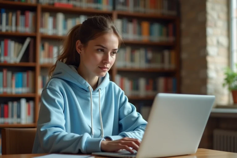 Étudiante consultant sa messagerie académique Roundcube sur un ordinateur portable dans une bibliothèque universitaire d'Aix-Marseille