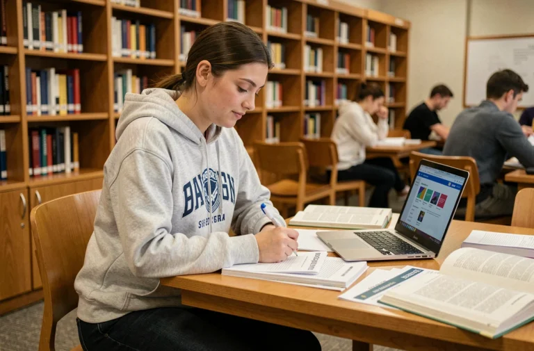 Étudiante consultant des ressources pédagogiques Mega REF dans une bibliothèque universitaire moderne