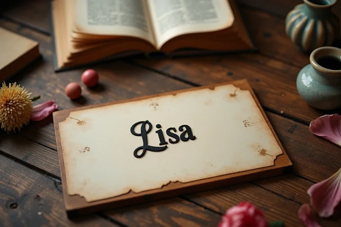 Plaque en bois gravée du prénom Lisa posée sur un bureau ancien entouré d'objets vintage évoquant l'étymologie et l'histoire du prénom