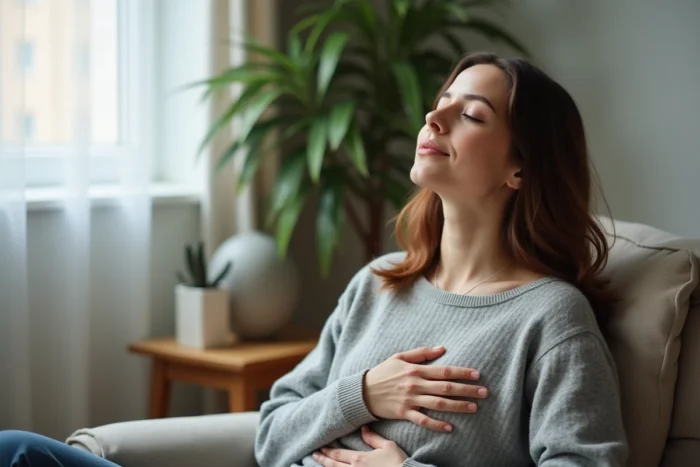 Femme les yeux fermés pratiquant une respiration consciente avec une main sur la poitrine pour calmer son système nerveux