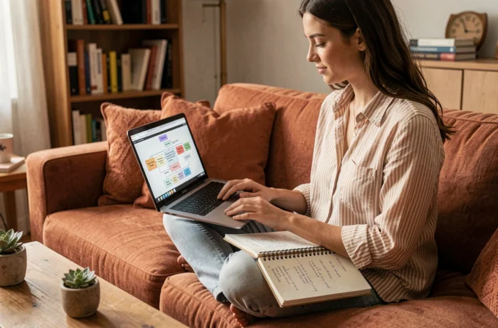 Jeune femme explorant un plan de site sur son ordinateur portable depuis son salon avec un carnet de notes