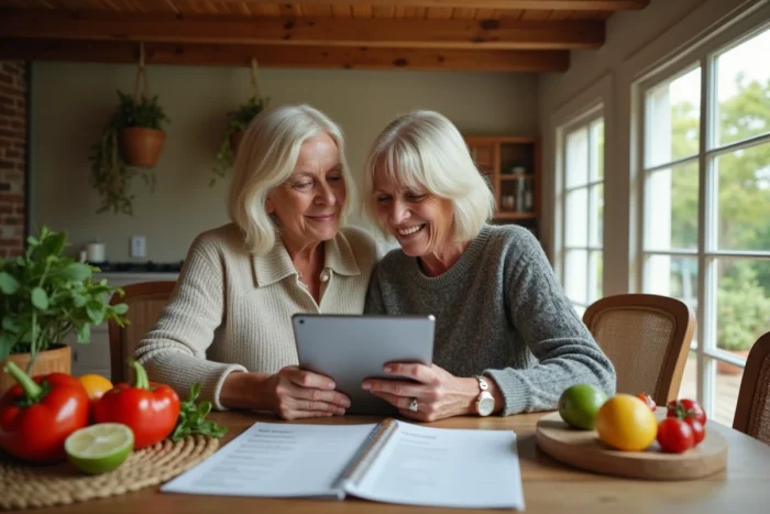 Deux femmes planifiant ensemble leurs menus de la semaine avec une tablette et des recettes sur une table en bois rustique