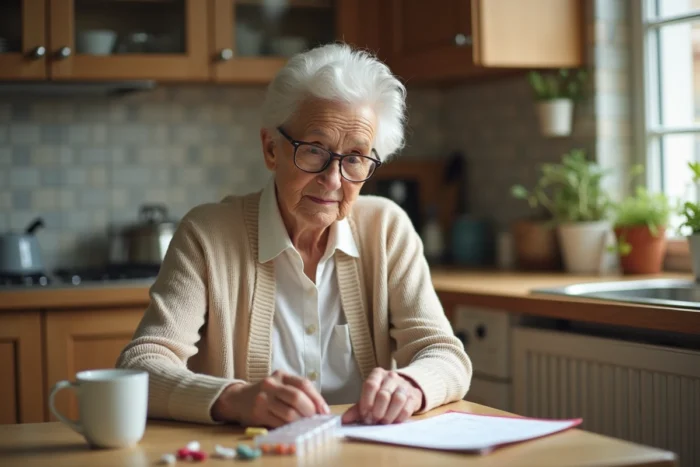 Femme âgée organisant ses médicaments et son planning quotidien dans une cuisine chaleureuse