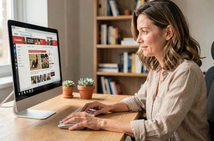 Femme ajoutant l'icône Le Bon Coin sur le bureau de son ordinateur depuis un navigateur web