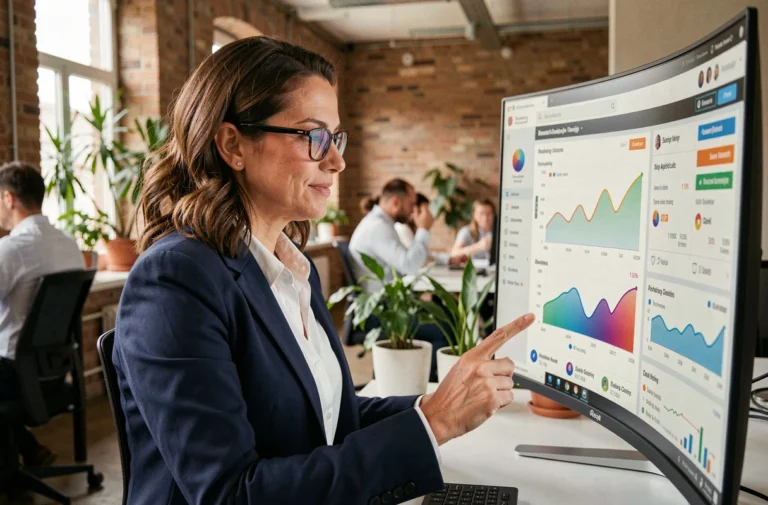 Femme professionnelle analysant des données de marketing digital sur un grand écran dans un bureau moderne