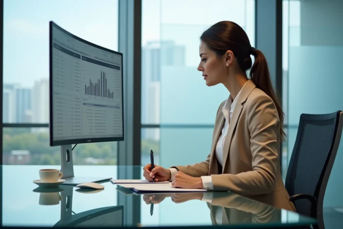 Femme en blazer beige analysant un simulateur d'épargne retraite PER sur un écran d'ordinateur dans un bureau professionnel
