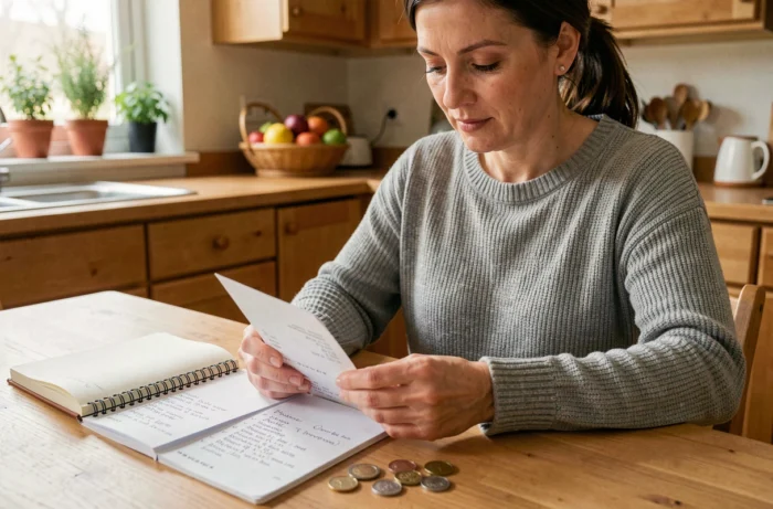 Femme qui vérifie ses dépenses et son budget avec un reçu de caisse et des pièces sur une table en bois dans une cuisine
