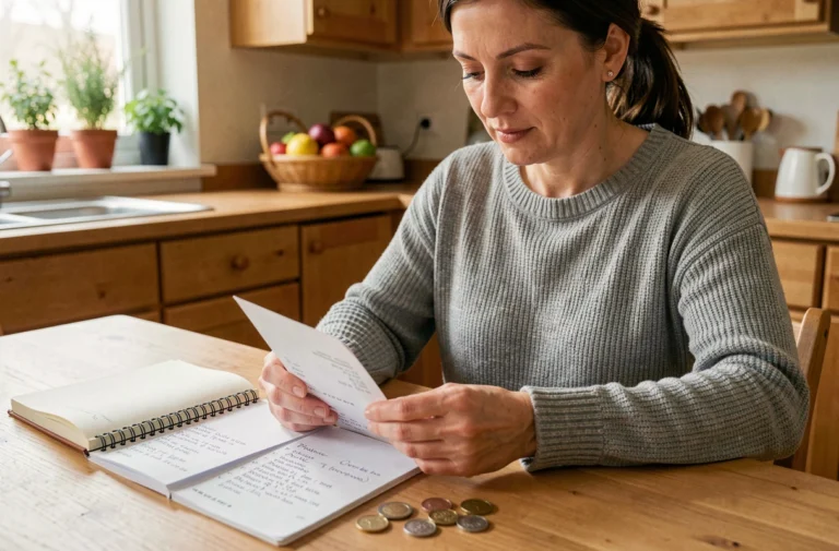 Femme qui vérifie ses dépenses et son budget avec un reçu de caisse et des pièces sur une table en bois dans une cuisine