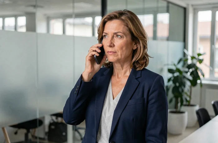 Femme d'affaires utilisant son téléphone avec un indicatif régional 04 12 dans un bureau moderne