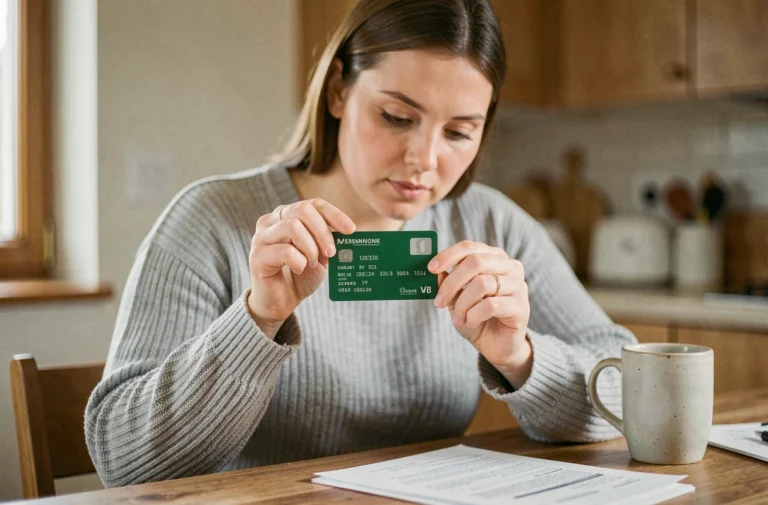 Femme tenant une carte verte d'assurance auto et cherchant le numéro de contrat à la maison