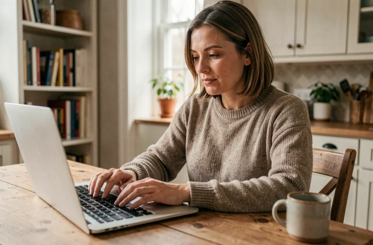 Femme comparant des avis consommateurs sur son ordinateur portable à la maison