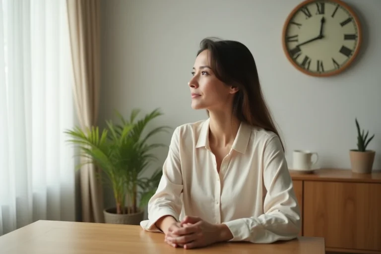 Femme contemplant une horloge analogique indiquant 15h55, heure miroir spirituelle, dans un intérieur minimaliste chaleureux