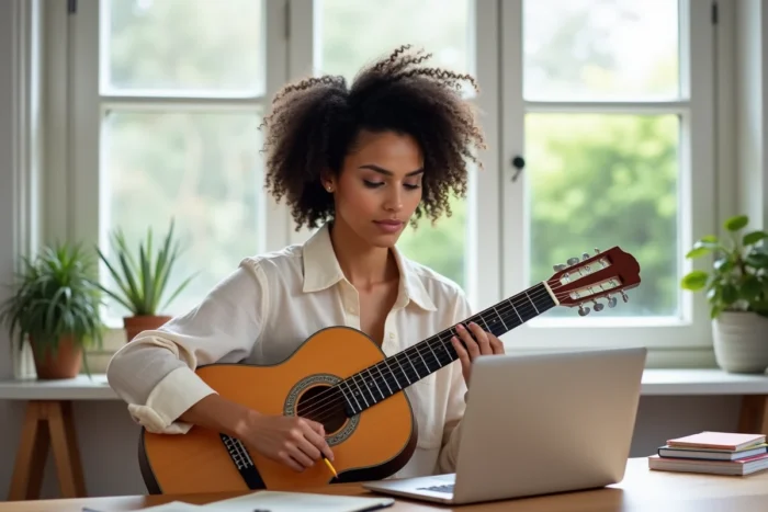 Femme guitariste consultant des partitions gratuites en ligne sur ordinateur portable à son bureau