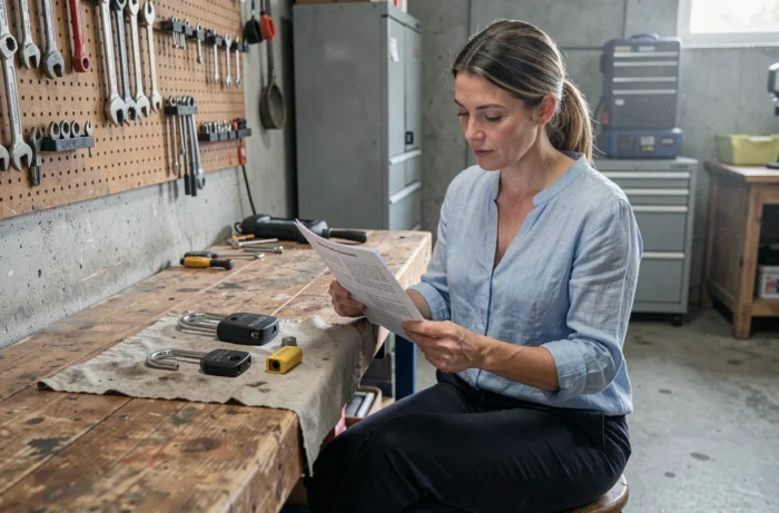 Femme lisant les instructions d'installation d'un cadenas double verrouillage dans un atelier de garage